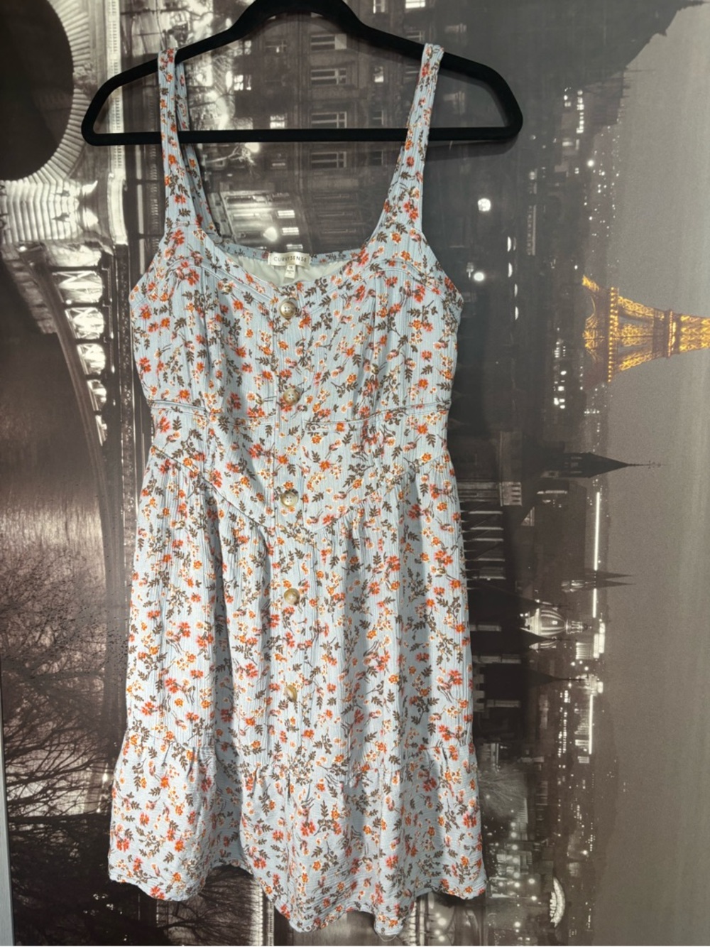 Curvy sense Floral Button-Front Sundress Light Blue with Rust Flowers, pockets